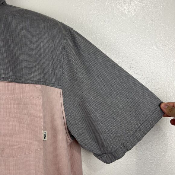 Vans Button Up Shirt Men Large Grey Peach Short Sleeve Casual Top Off The Wall - Picture 6 of 13